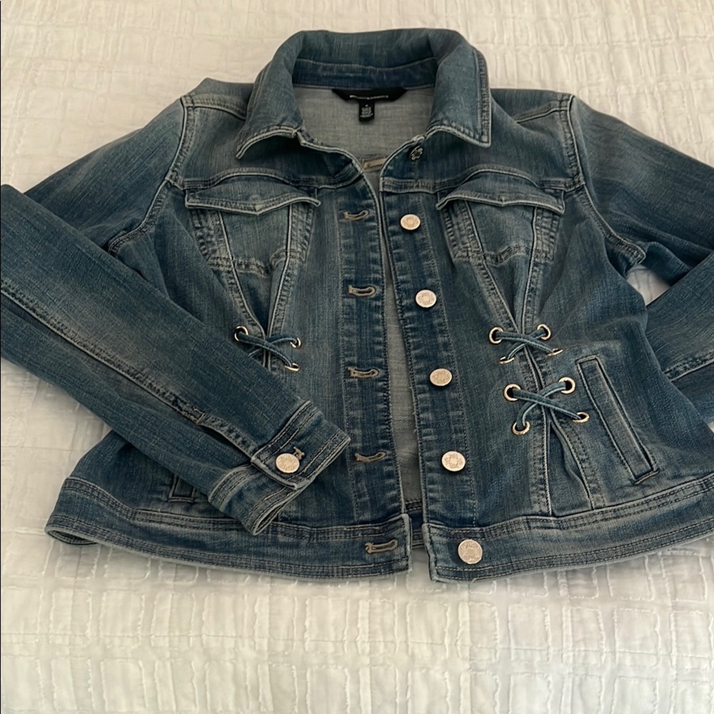 White House Black Market Blue Jean Jacket with Lace-Up Accents